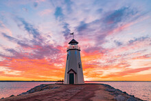 Sunset Beautiful Afterglow Over The Lighthouse Of Lake Hefner