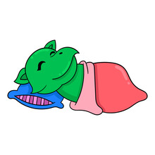 Green Rhino Sleeping With A Thick Blanket, Doodle Icon Image Kawaii