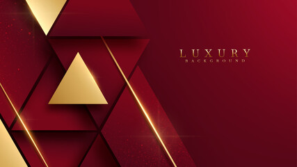 Red luxury background with golden triangle elements and glitter light effect decoration.