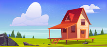 Cottage On Green Field, Wooden House On Stilts On Meadow Among Coniferous Trees. Home With Terrace On Piles At Sunny Day. Eco Dwelling, Hotel, Pc Game Background Scene, Cartoon Vector Illustration