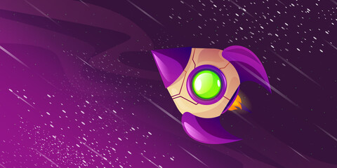 Wall Mural - spaceship flying outer space with in stars in purple sky with nebula and milky way. interstellar tra