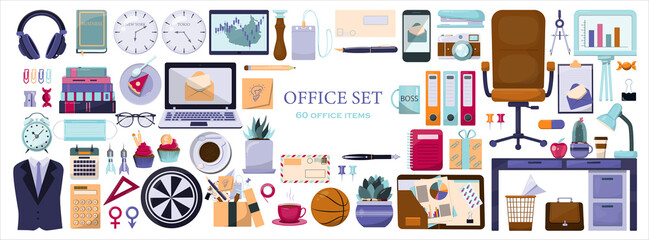 Colored flat vector office accessories. Big set with cartoon business icons. Modern templates cliparts for adds, business cards, banners, apps