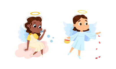 Sticker - Adorable baby angels set. Angelic girl with wings blowing soap bubbles and spreading rose petals cartoon vector illustration