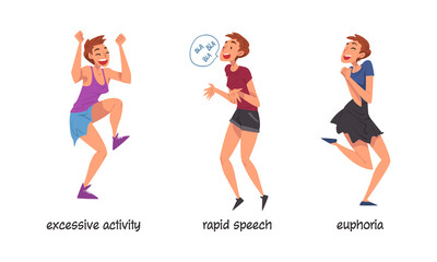 Sticker - Set of bipolar disorder symptoms. Excessive activity, rapid speech, euphoria cartoon vector illustration