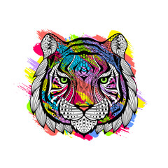 Wall Mural - Portrait of a tiger on a watercolor colorful grunge background. Tiger head pattern. Colored brush strokes. Doodle, boho ethnic style. Tribal ornament painted by hand. Series ethnic animals. Vector