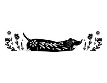 Vector Monochrome Postcard With A Dog And A Floral Pattern. Stylized Dachshund With Folk Art. Black Clipart With Stylized Purebred Puppy And Boho Decoration. Original Text Delimiter