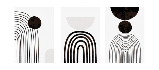 set of three modern black and white posters with rainbows and abstract geometric shapes, vector illu