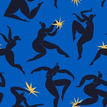Seamless Pattern Inspired By Matisse With Dancing Abstract Women. Black On Blue Background Vector Illustration. Dance Of Various Women.