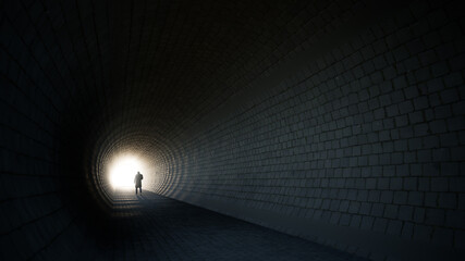 Wall Mural - Concept or conceptual dark tunnel with a bright light at the end or exit as metaphor to success, faith, future or hope, a black silhouette of walking man to new opportunity or freedom 3d illustration