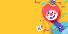 April Fools Day With Clown Character In Paper Cut Style. April 1 Party. Present Joke Box. Fools' Day Poster. Funny Spring Holiday.