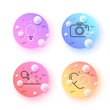 © blankstock - Photo camera, Light bulb and Skin moisture minimal line icons. 3d spheres or balls buttons. Medical pills icons. For web, application, printing. Love photos, Lamp energy, Wet cream. Drugs. Vector
