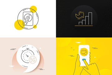 Minimal set of 5g internet, Hdd and Message line icons. Phone screen, Quote banners. Growth chart icons. For web development. Fast transmission, Memory disk, Calendar notification. Vector