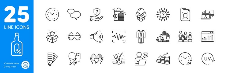 Outline icons set. 24 hours, Loud sound and Loyalty program icons. Bathrobe, Seo shopping, Ice cream web elements. Online discounts, Canister oil, Hold heart signs. Time management. Vector