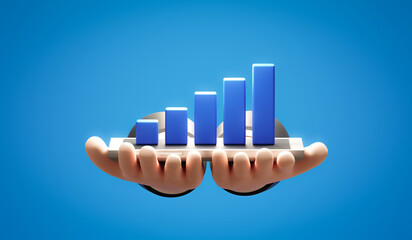 Poster - Businessman hand holding growth financial 3d business graph icon of investment marketing economy chart concept or modern finance tablet mobile diagram and digital success report on blue background.