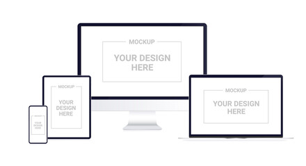 Poster - Devices mockup on white background - Realistic vector set of computer, laptop, desktop, tablet and smartphone with blank screens.
