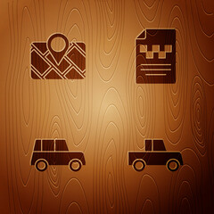 Wall Mural - Set Car, Gps device with map, and Taxi driver license on wooden background. Vector