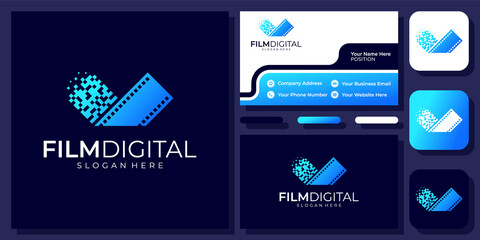 Wall Mural - Film Digital Technology Cinema Movie Connect Connection Pixel Vector Logo Design with Business Card
