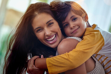 Mom, the best friend a boy could ever have. Shot of an adorable little boy affectionately hugging his mother at home.