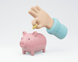 © Kwanchanok - 3D Rendering of hand putting money coin in piggy bank isolate on white background concept of money savings. 3D Render illustration.