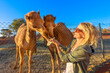 girl feeding Australian dromedary, Camelus dromedarius species. Endemic to Australia. Caucasian blonde tourist enjoys camel encounter in the Northern Territory of Australia at sunset.