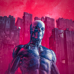 Sticker - Cyberpunk death cyborg - 3D illustration of male science fiction skull faced robot in futuristic city