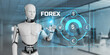 Forex robot trading automation concept. Robot pressing button on screen 3d render.