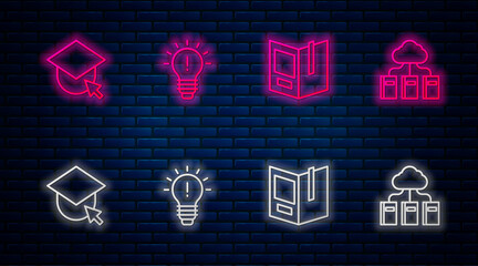 Canvas Print - Set line Light bulb with concept of idea, Open book, Graduation cap globe and Cloud or online library. Glowing neon icon on brick wall. Vector