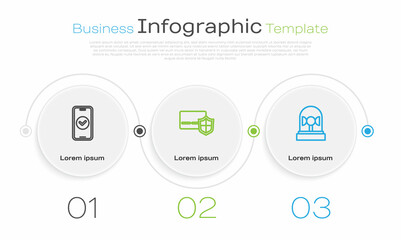 Sticker - Set line Smartphone, Credit card with shield and Flasher siren. Business infographic template. Vector