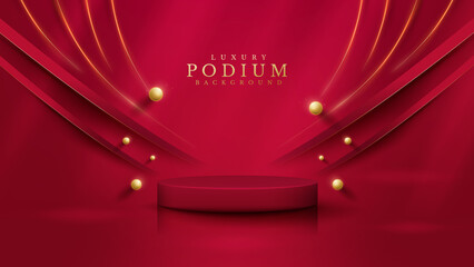 Wall Mural - Red product display podium with golden curve line and 3d ball elements with bokeh decoration and glitter light effect.