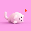 © roman3d - Kawaii cute fat white kitten in lying pose sleeping on pink backdrop. Floating red heart shape. Good night, sweet dreams, I love you, lazy days. Minimal stylized art style, cartoon card. 3d render.