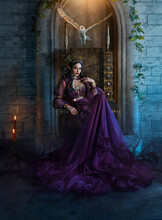 Art Photo Fantasy Woman Evil Elven Queen Sits On Throne, Dark Magic Around Purple Long Dress. Sexy Witch Elf Girl, Pointy Ears. Gothic Brunette Vampire Princess, Golden Crown. Barn Owl Flutters Wings