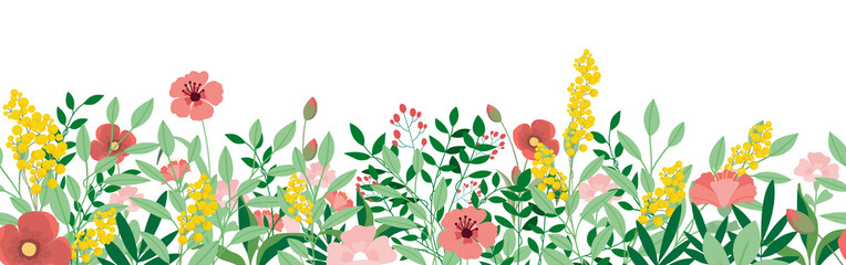 wild flowers, spring grass seamless pattern 3d realistic vector