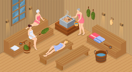 Sauna and steam room. Set of people in sauna. People relax and steam with birch brooms in traditional russian stove for female and male. Finnish bathhouse. Public sauna, Friends in spa resort