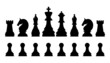 Chess pieces in outline and silhouette style. Set for a board game of chess. King, queen, bishop, knight, rook, pawn flat vector icons. Chess pieces black and white. Team with chess pieces. 