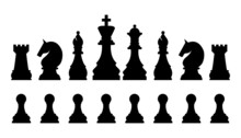 Chess Pieces In Outline And Silhouette Style. Set For A Board Game Of Chess. King, Queen, Bishop, Knight, Rook, Pawn Flat Vector Icons. Chess Pieces Black And White. Team With Chess Pieces. 