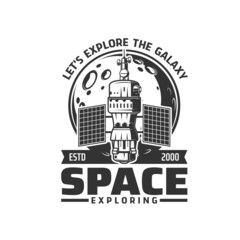 Wall Mural - galaxy exploration vector icon, space satellite spaceship or orbital station on planet. spacecraft e