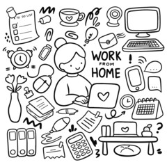 Wall Mural - Set of Work from Home Doodle Vector Illustration