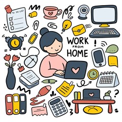 Wall Mural - Set of Work from Home Doodle Vector Illustration