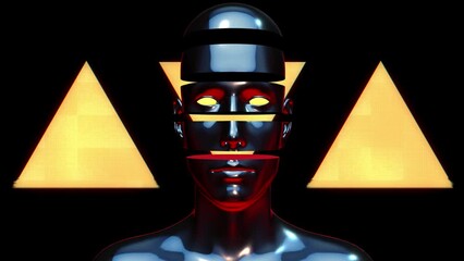 Creative retro futuristic motion art. Abstract chrome metal human body with hologram shape on black background. Modern bright fashion 3d animation. Technological digital vivid concept man or woman.