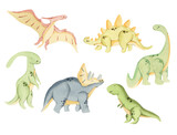 Fototapeta Dinusie - Adult dinosaurs watercolor illustrations for nursery, baby shower, invitations