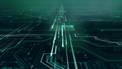 Data stream over a circuit board - 5g high-speed connection - information highway -  abstract green background.