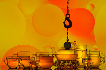 Wall Mural - transparent glass teapot and cups with tea and drops on colorful background 