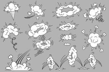 Aufkleber - Bang and cloud explosions in comic style set isolated elements. Bundle of smoke effects frames with splashes and curve moving to express energy of motion. Vector illustration in flat cartoon design.