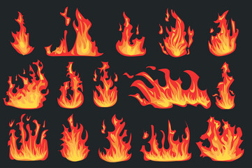Aufkleber - Hot flaming fires different shapes set isolated elements. Bundle of bright red and orange flame effects. Heat energy and power. Campfire and wildfire. Vector illustration in flat cartoon design.