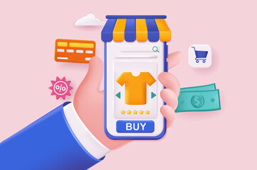 Mobile shopping concept 3D illustration. Icon composition with application interface for shopping in store, discounts, online payment and delivery service. Vector illustration for modern web design