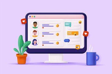 Social network concept 3D illustration. Icon composition with website interface with user profiles and online chat program. Online communication at computer. Vector illustration for modern web design