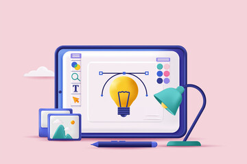 web design concept 3d illustration. icon composition with program interface for drawing graphic elem