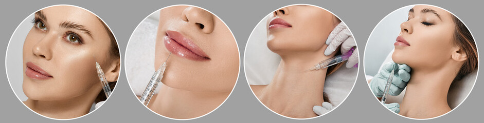 beauty injections in cosmetology, collage. beauty injections to female lips, neck, chin and around e