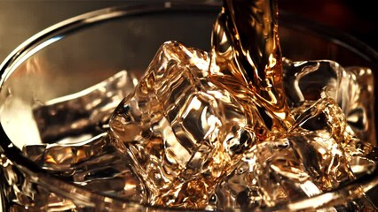 Sticker - A jet of whiskey with splashes flows into a glass of ice. Against a dark background. Filmed is slow motion 1000 fps.