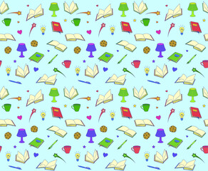 Wall Mural - seamless pattern with books, lamps, pens and cups, vector illustration